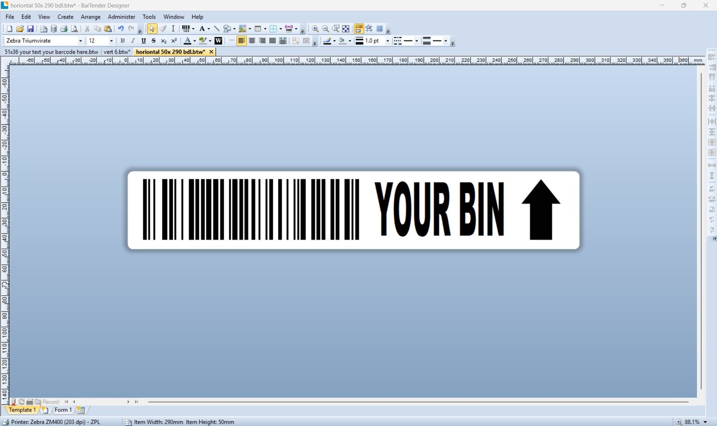 A BarTender Designer window showing a long narrow bin location label, 290 by 50 millimetres, with a barcode, the words YOUR BIN and a large directional arrow.