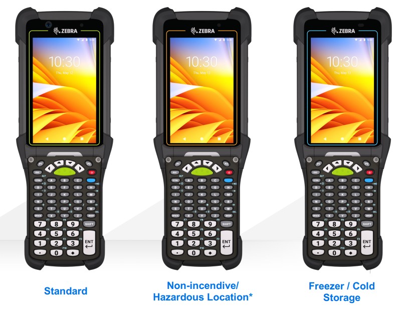 Three Zebra MC9400 units side by side, identical apart from the colour of the
                  bezel around the screen: green for standard, orange for non-incendive
                  hazardous location, and blue for freezer and cold storage.
