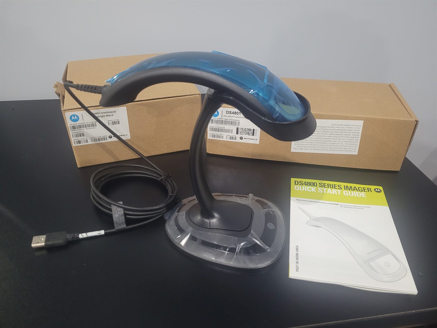 Motorola DS4801 USB Alpine Midnight Black 2D Scanner, new in its box, photographed with everything included in the carton