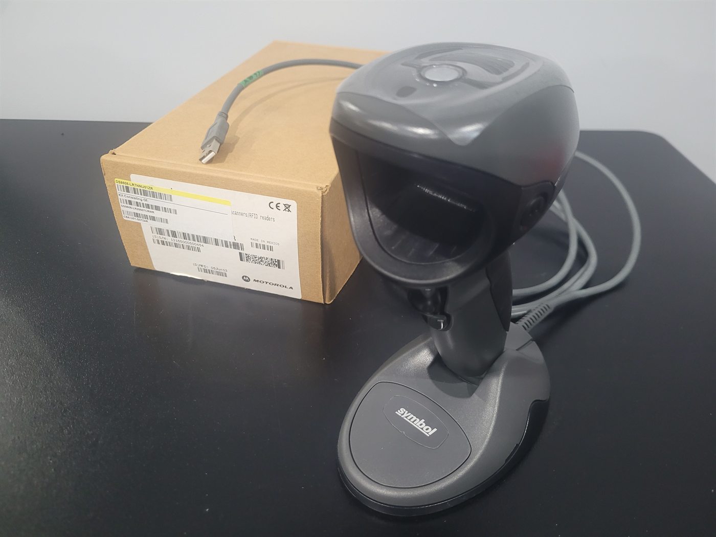 Symbol DS9808 USB 1D/2D Imager Scanner, new in its box, photographed with everything included in the carton