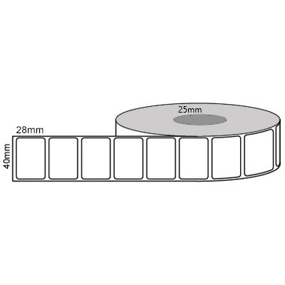 40 by 28 mm white label, 2,000 per roll, printed with a ribbon.