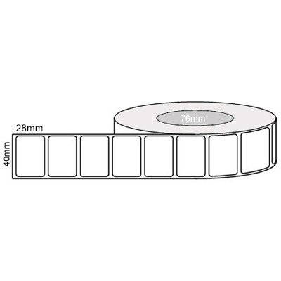 40 by 28 mm white label, 5,000 per roll, printed with a ribbon.