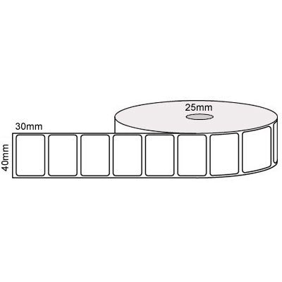 40 by 30 mm white label, 2,500 per roll, printed with a ribbon.