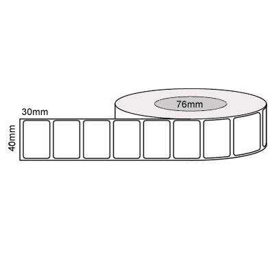 40 by 30 mm white label, 4,000 per roll, no ribbon needed.