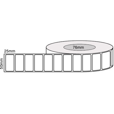 50 by 25 mm white label, 5,000 per roll, printed with a ribbon.