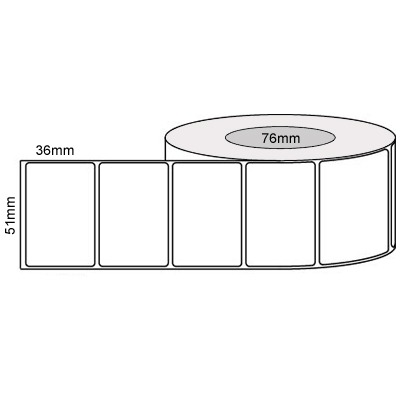 51 by 36 mm white label, 3,000 per roll, printed with a ribbon.