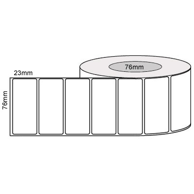 76 by 23 mm white label, 5,000 per roll, printed with a ribbon.