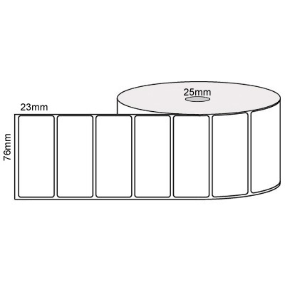 76 by 23 mm white label, 2,500 per roll, printed with a ribbon.