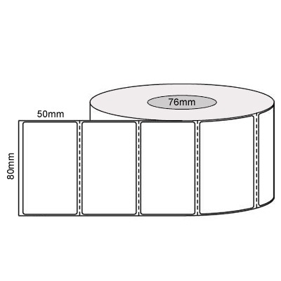 80 by 50 mm white label, 3,000 per roll, no ribbon needed.