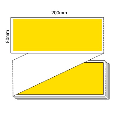 80 by 200 mm yellow label, 2,000 per box, printed with a ribbon.
