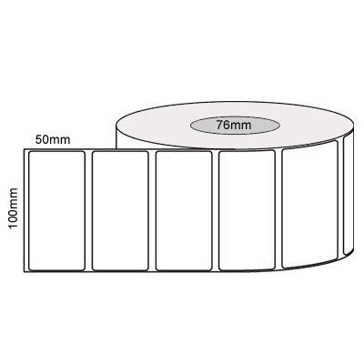 100 by 50 mm white label, 2,000 per roll, printed with a ribbon.
