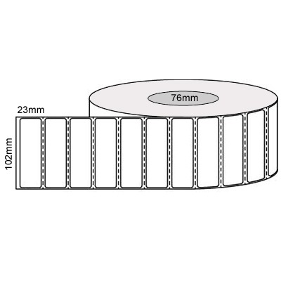 102 by 23 mm white label, 4,000 per roll, printed with a ribbon.