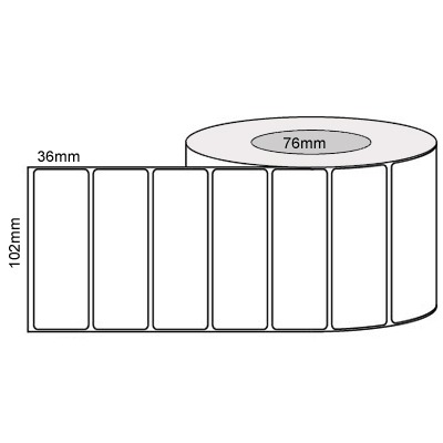 102 by 36 mm white label, 3,000 per roll, printed with a ribbon.