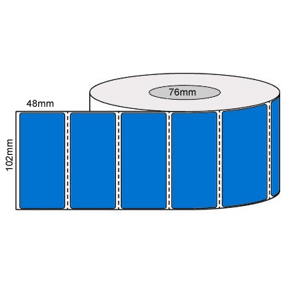 102 by 48 mm blue label, 2,000 per roll, printed with a ribbon.