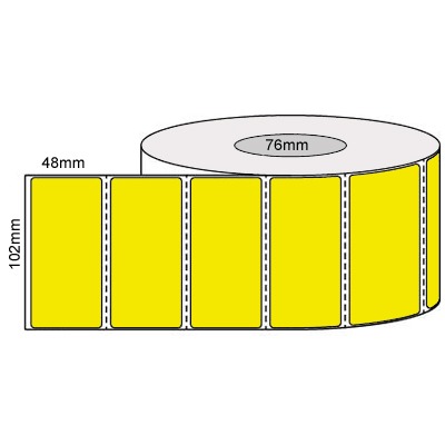 102 by 48 mm yellow label, 2,000 per roll, printed with a ribbon.