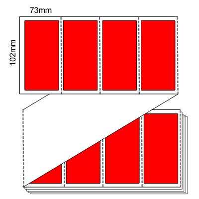 102 by 73 mm red label, 6,000 per box, printed with a ribbon.