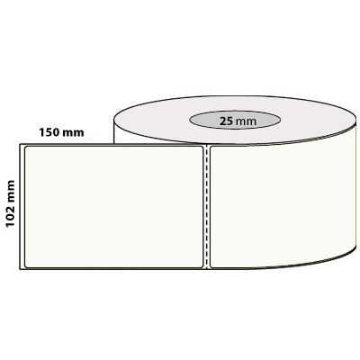 102 by 150 mm white label, 400 per roll, printed with a ribbon.