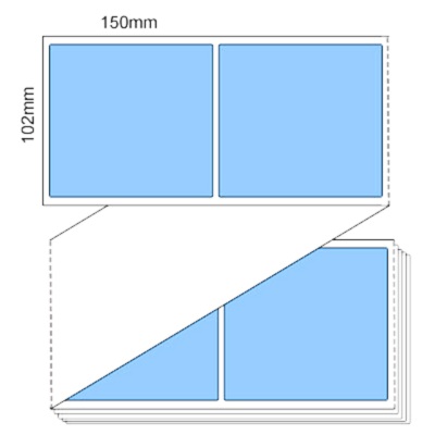 102 by 150 mm blue label, 3,000 per box, printed with a ribbon.