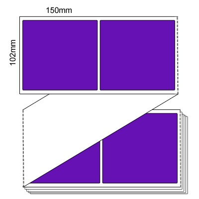 102 by 150 mm purple label, 3,000 per box, printed with a ribbon.