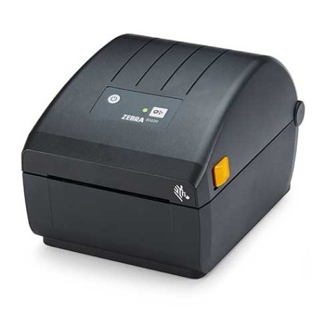 Zebra ZD220 desktop label printer, black, front three-quarter view.