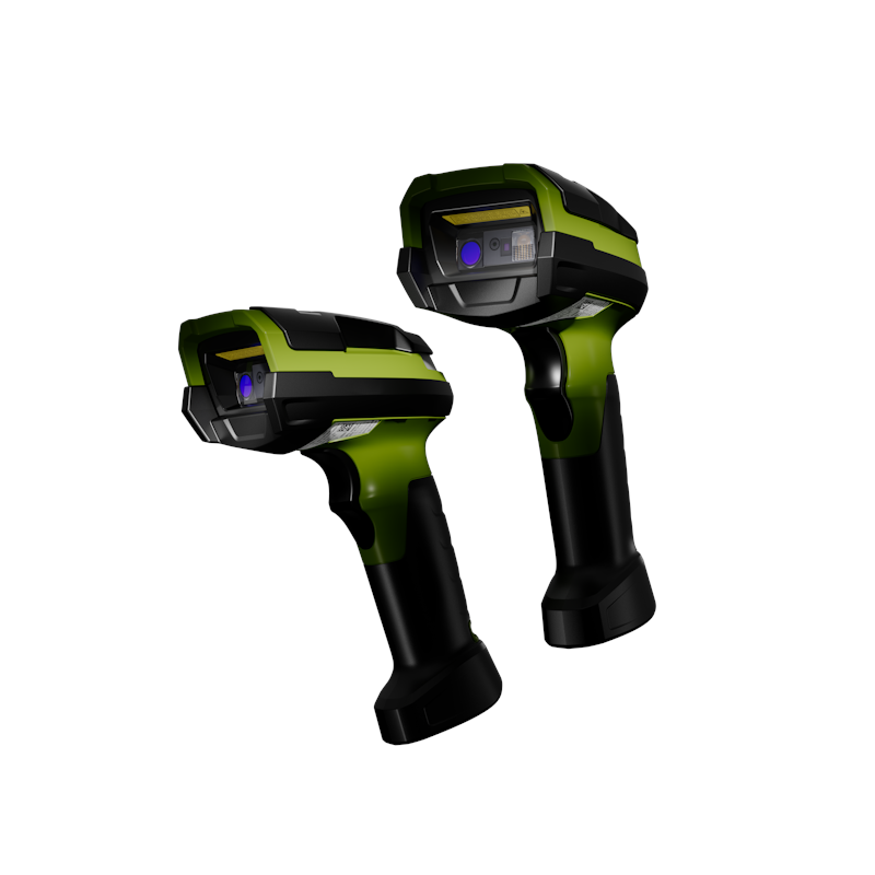 Zebra DS3608 rugged corded barcode scanners in black and industrial green.