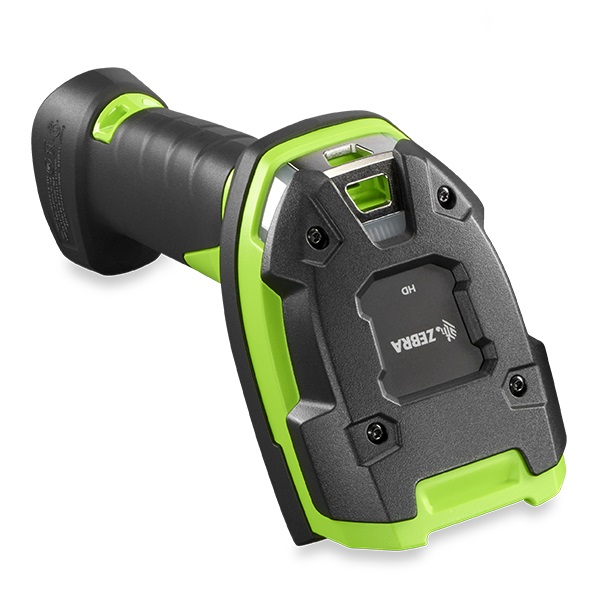 Zebra DS3608 rugged corded barcode scanner in black and industrial green, rear three-quarter view showing the cable port.